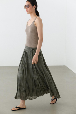 Massimo Dutti Юбка-миди из смеси рами с присборенной отделкой, зеленый