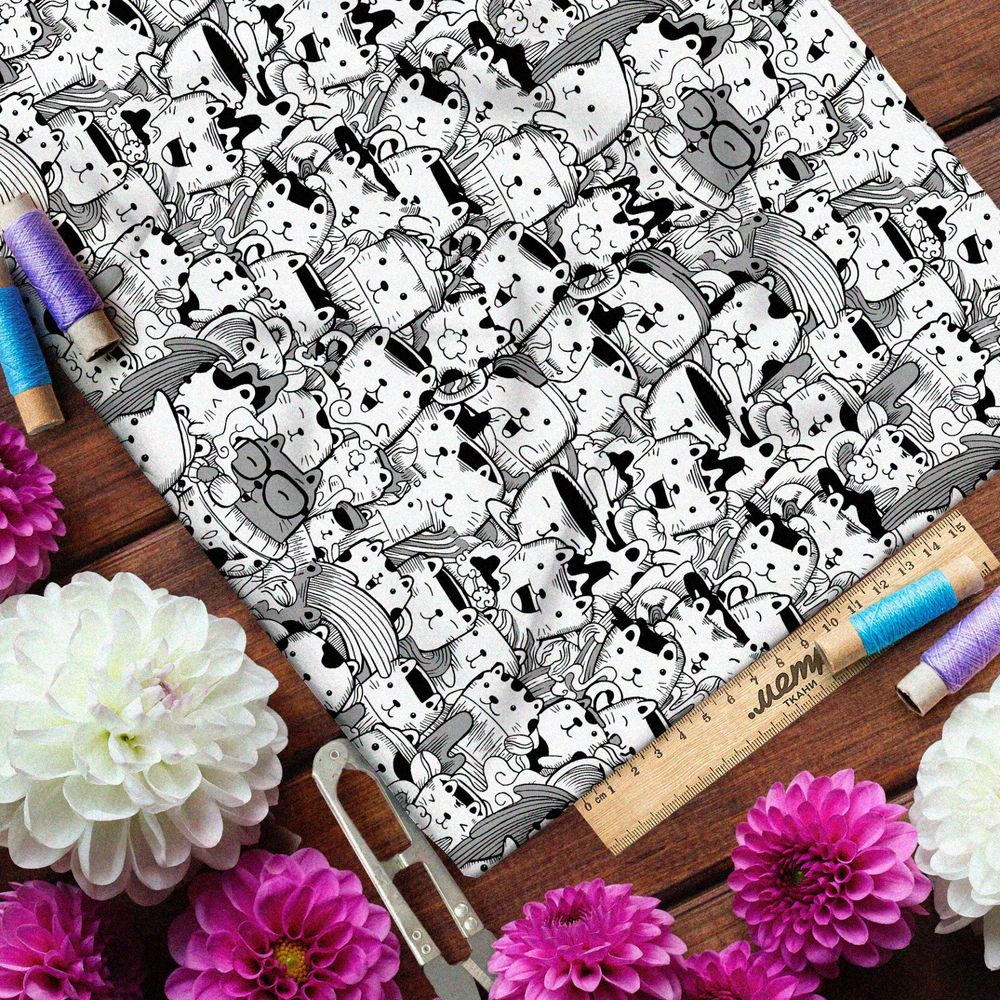 Ткань лён чёрно-белые котики в виде посуды