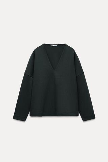 ZARA ТОП ИЗ ИНТЕРЛОКА С V-ОБРАЗНЫМ ВЫРЕЗОМ, ЗЕЛЕНЫЙ