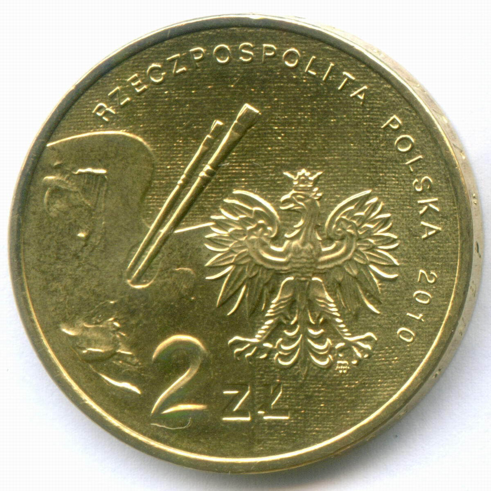 2 злотых 2010 год. Польша. Художник Артур Гротгер. Латунь, диаметр 27 мм. AUNC