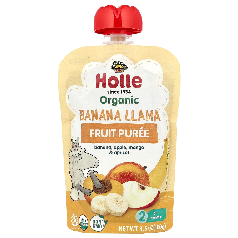 Holle, Органическое фруктовое пюре, банановая лама, от 6 месяцев, банан, яблоко, манго и абрикос, 100 г (3,5 унции)