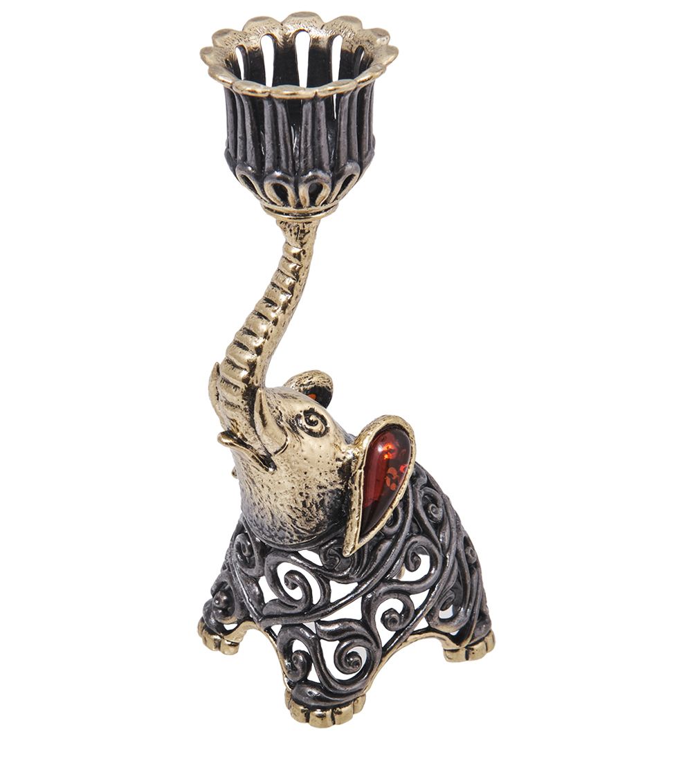 Народные промыслы AM-4092 Подсвечник «Слон Ажурный» (латунь, янтарь)