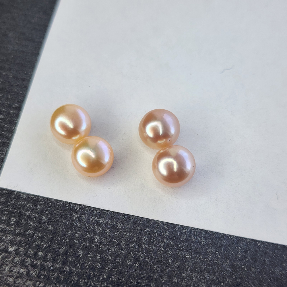 Жемчуг натуральный персиково розовый, 7мм, подушечка кабошон, полупросверленный, цена за пару