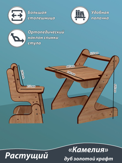 Растущий стол и стул детский. "3 уровня высоты". От 1,5 до 7 лет. "Камелия" цвет Дуб золотой.