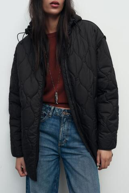 ZARA ПУХОВИК С КАПЮШОНОМ, ЧЕРНЫЙ