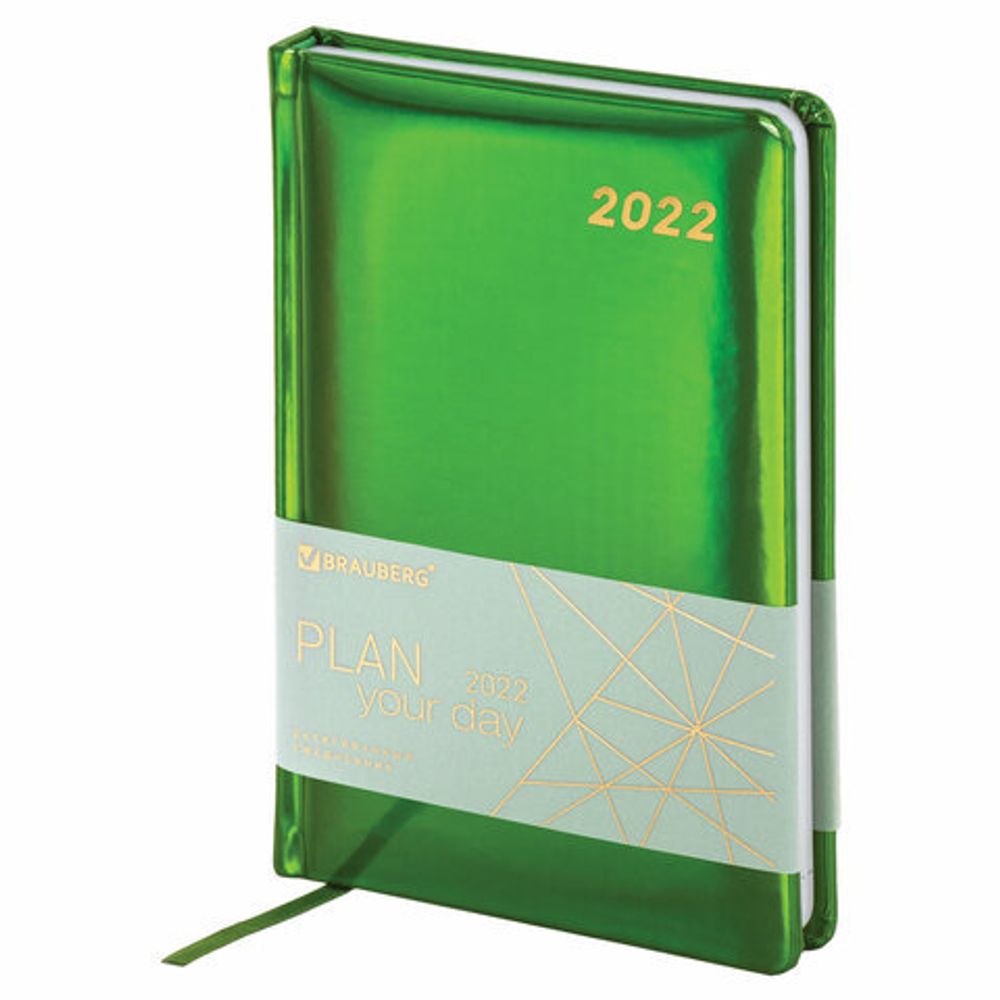 Ежедневник датированный 2022 А5 138x213 мм BRAUBERG "Holiday", "зеркальный кожзам", зеленый, 112750