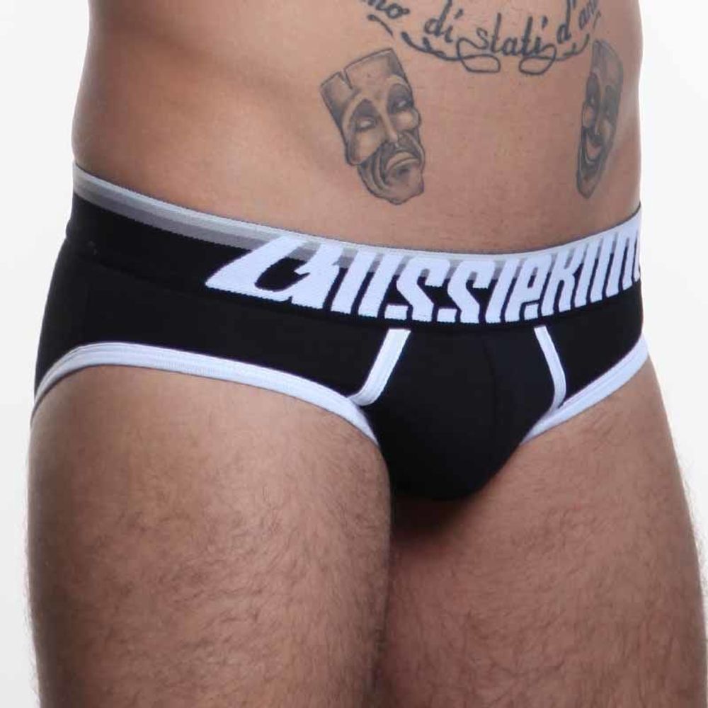 Мужские трусы брифы черные с цветной (черно-серой) резинкой Aussiebum Fire Brief