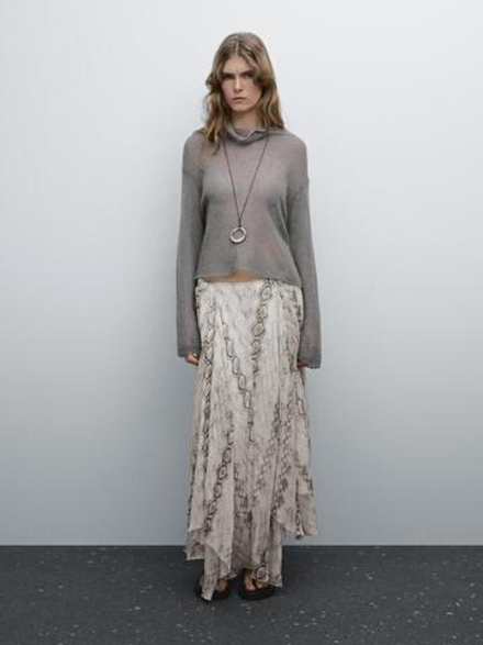 Massimo Dutti Расклешенная юбка-миди со змеиным принтом, слоновая кость