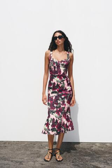ZARA ПЛАТЬЕ ИЗ ТКАНИ С ЦВЕТОЧНЫМ ПРИНТОМ С ЮБКОЙ ГОДЕ, ОТТЕНКИ РОЗОВОГО