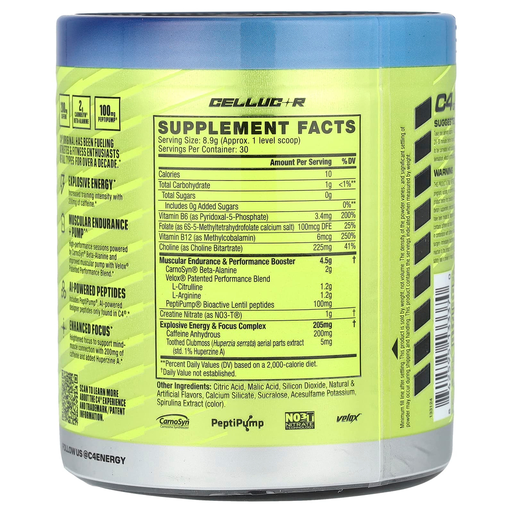 C4 / Cellucor, C4® Original, предтренировочный комплекс, со вкусом голубой малины, 267 г (9,4 унции)
