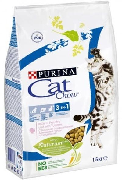 Сухой корм Cat Chow® 3 в 1 для кошек с высоким содержанием домашней птицы и с индейкой, пакет 1,5 кг