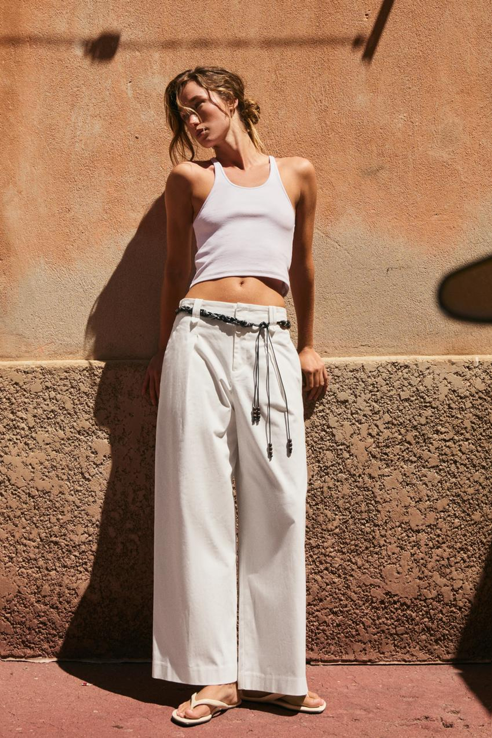 ZARA БРЮКИ ИЗ ПОПЛИНА С ПОЯСОМ-ПЛАТКОМ, БЕЛЫЙ