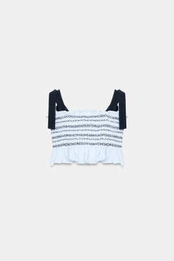 ZARA ТОП С ЗАВЯЗКАМИ И ЖАТКОЙ, СИНИЙ/БЕЛЫЙ