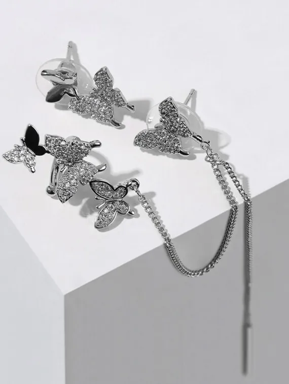 Набор серьги и каффа полёт бабочек, цвет белый в серебре