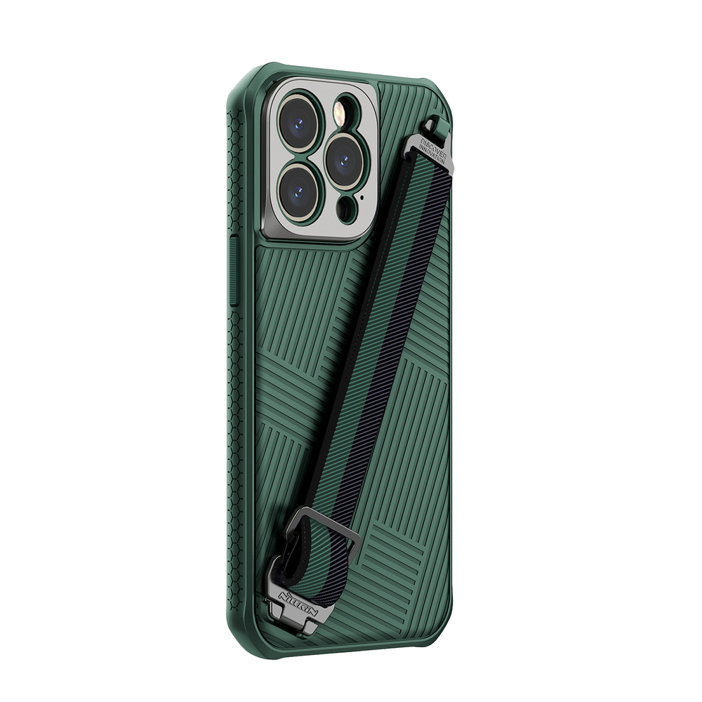 Защитный чехол зеленого цвета от Nillkin с ремешком на руку для iPhone 14 Pro Max, серия Strap Case, металлическая рамка для линз камеры