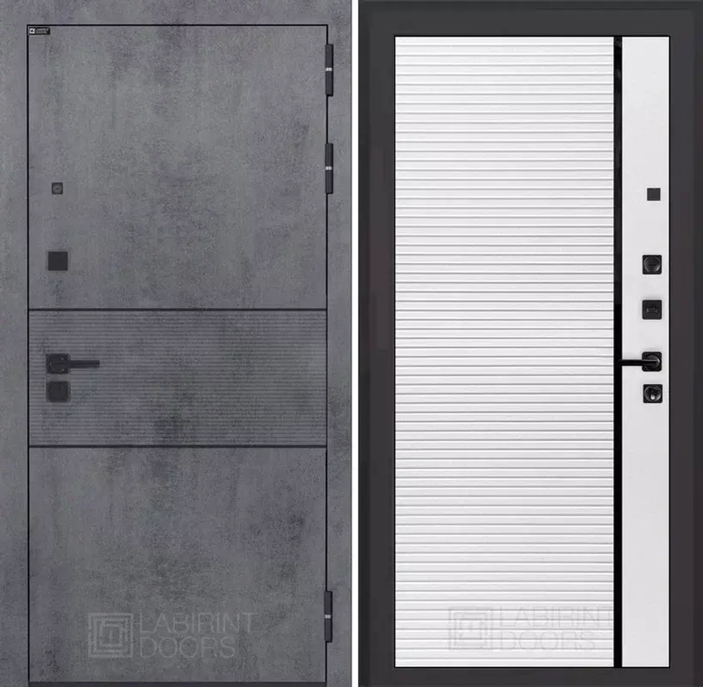 Входная металлическая дверь Лабиринт INFINITY ( ИНФИНИТИ) Бетон темный / 22 Белый софт, черный молдинг)