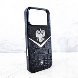 Солидный чехол iphone с гербом России купить - Euphoria HM Premium - натуральная кожа CROC, ювелирный сплав