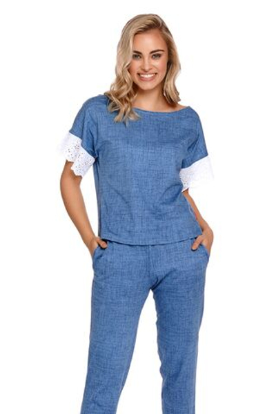 Пижама из хлопкового полотна с кружевной отделкой (Размер: M) (Цвет: синий)