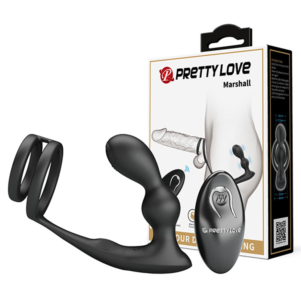 Черный вибростимулятор простаты 9,5см с эрекционным кольцом и пультом ДУ Pretty Love Marshall BI-040132W