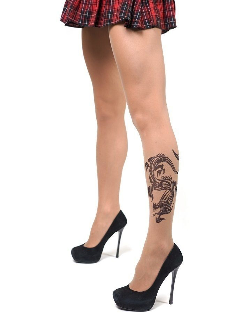 Колготки с черным принтом в виде дракона на левой ножке (Размер: S-M-L) (Цвет: бежевый)