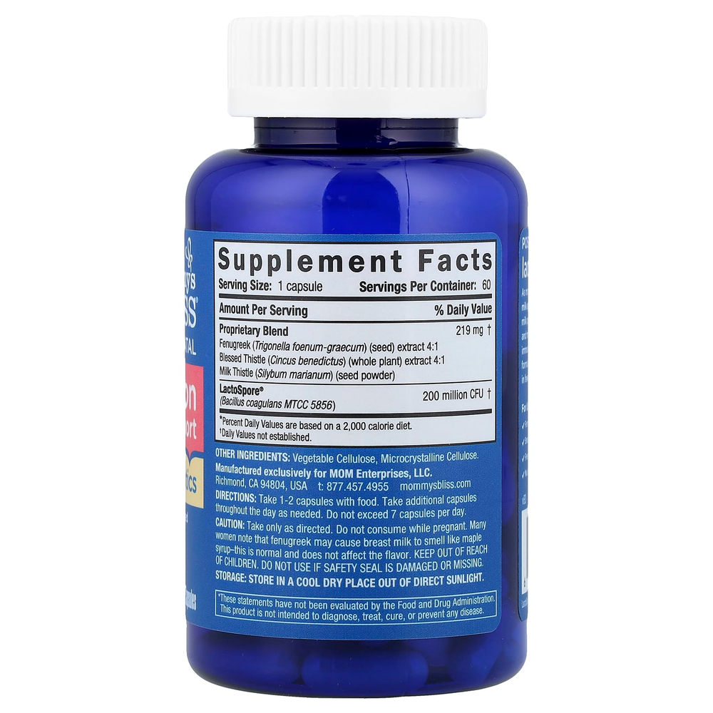 Mommy's Bliss, поддержка лактации в послеродовой период, пажитник и пробиотики, 60 капсул