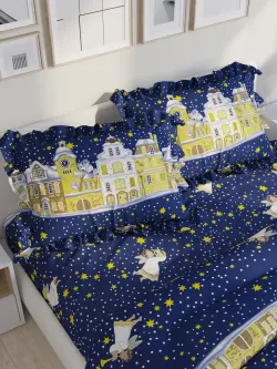 Декоративная наволочка с рюшами, оборками "Домики" 40х60 см, 1 шт, без молнии