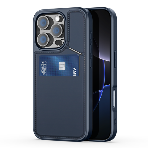 Чехол синего цвета с поддержкой MagSafe и подставкой-картхолдером от Dux Ducis для iPhone 16 Pro, серия Rafi II Mag Series