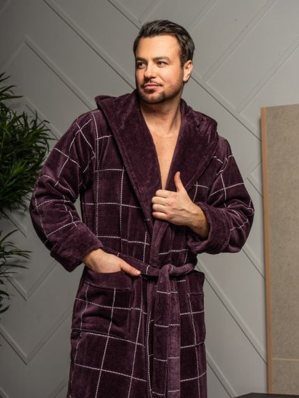 Мужской махровый халат Kevin с капюшоном баклажан POLENS