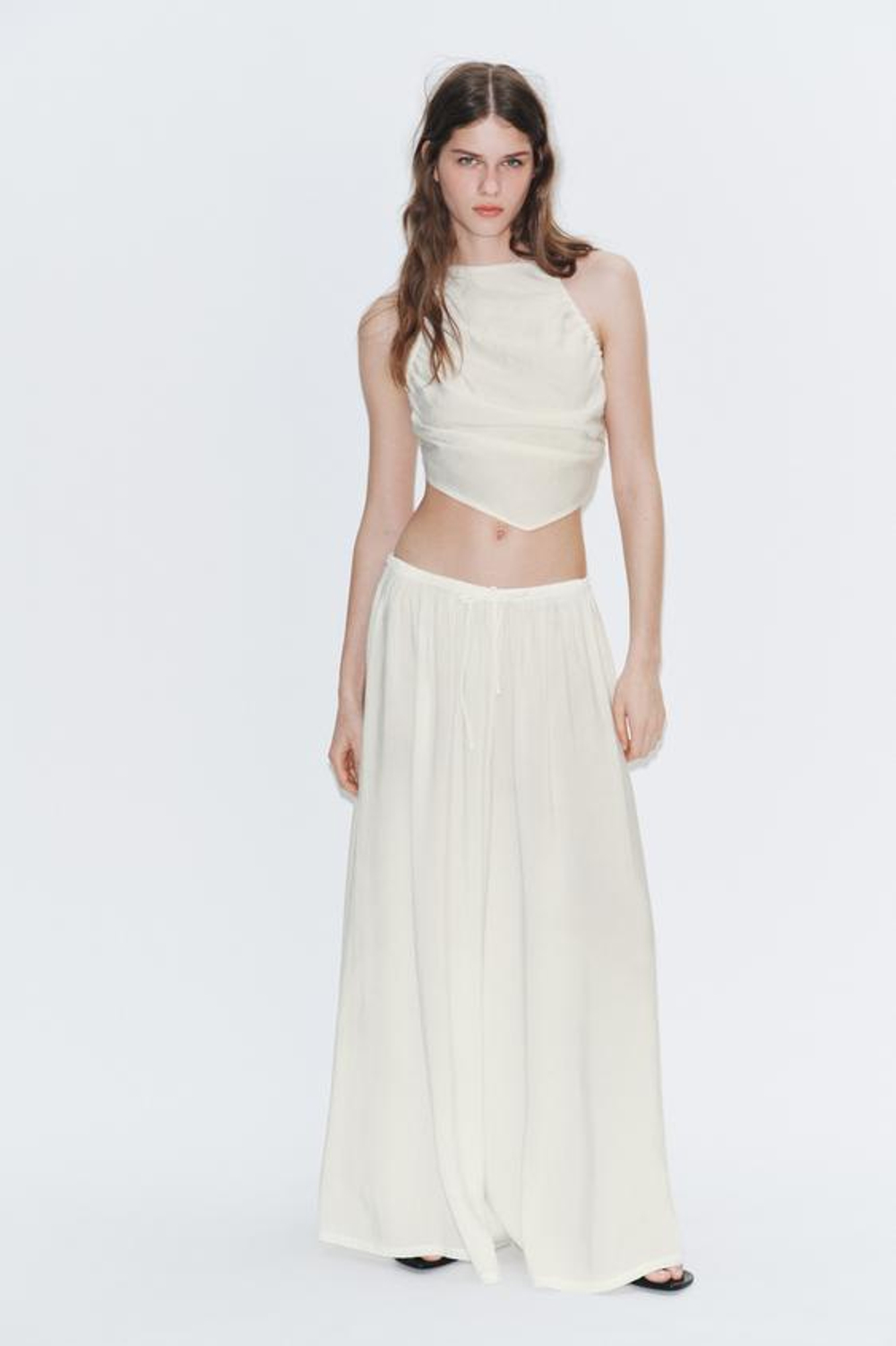 ZARA БРЮКИ ПАЛАЦЦО НА ШНУРКЕ, БЕЛЫЙ