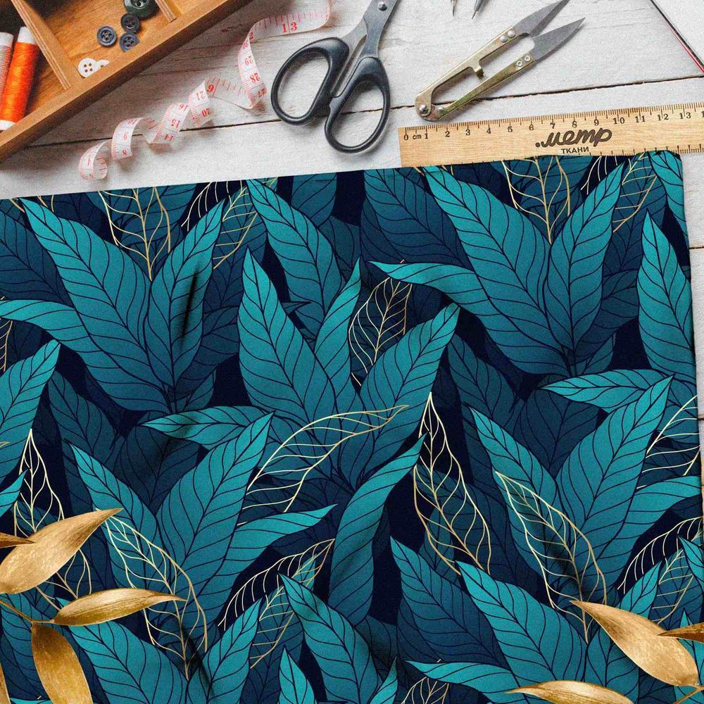 Ткань атлас синие листочки с золотом