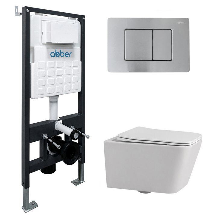 Комплект подвесной унитаз ABBER Rechteck AC1201 белый с инсталляцией AC0105 и кнопкой AC0120MCH матовый хром
