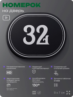 Номерок на дверь квартиры 32, для кабинета, офиса, шильдик 9 х 7 см, черный, Айдентика Технолоджи