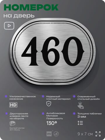 Номерок на дверь квартиры 460, для кабинета, офиса, шильдик 9 х 7 см, брашированная сталь, Айдентика Технолоджи