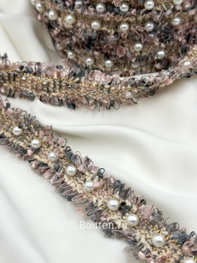 Тесьма серо-розовая с жемчугом твид