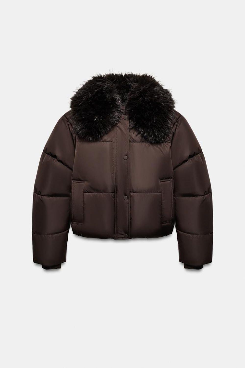 ZARA УТЕПЛЕННАЯ КУРТКА-БОМБЕР С ЛАЦКАНАМИ ИЗ ИСКУССТВЕННОГО МЕХА, КОРИЧНЕВЫЙ