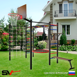 Уличная шведская стенка Sv Sport рукоход с комплектом турник прямой 2шт У5526К (Брусья/Скамья/Гнездо 80см/Щит баскет/Сетка)