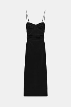 ZARA ПЛАТЬЕ МИДИ СО СБОРКАМИ НА БРЕТЕЛЯХ, ЧЕРНЫЙ