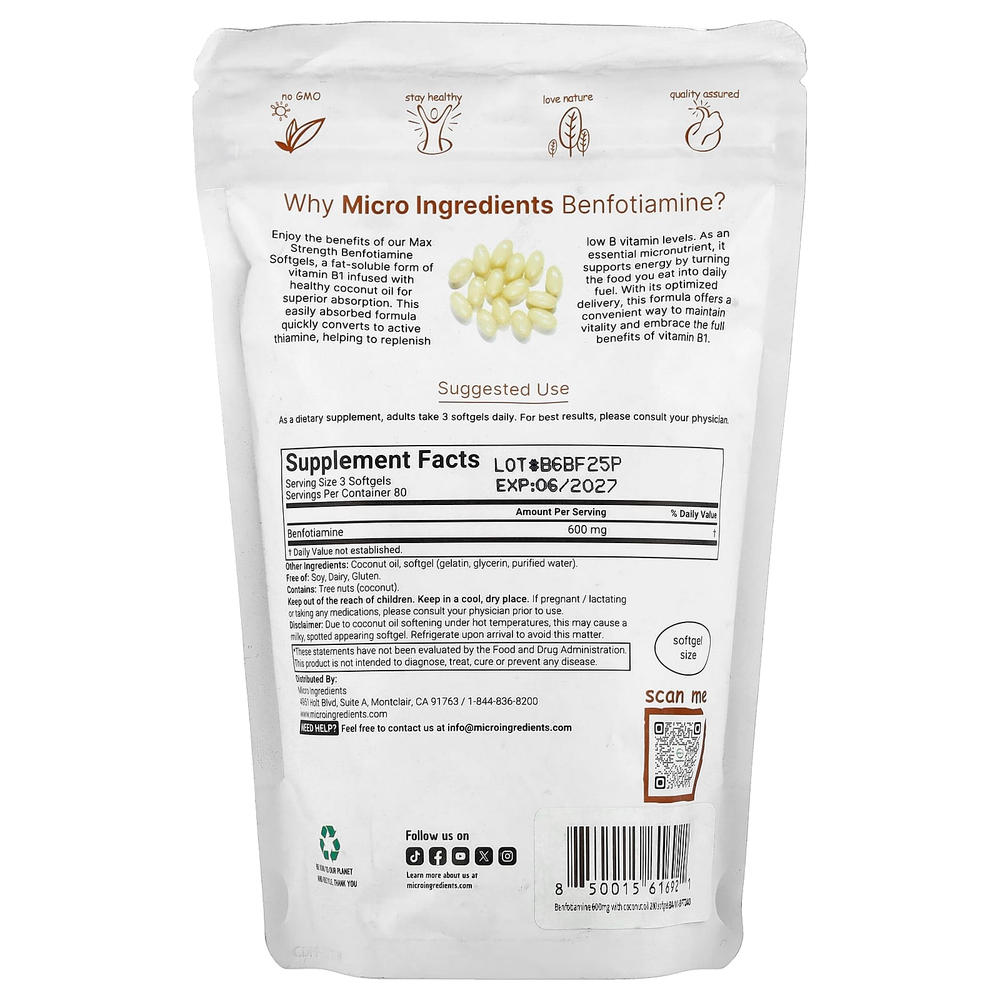 Micro Ingredients, Бенфотиамин, 240 мягких таблеток (200 мг в 1 капсуле)