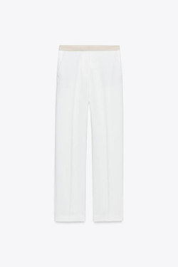 ZARA ПРЯМЫЕ БРЮКИ С КОМБИНИРОВАННЫМ ПОЯСОМ, ЖЕЛТОВАТО-БЕЛЫЙ