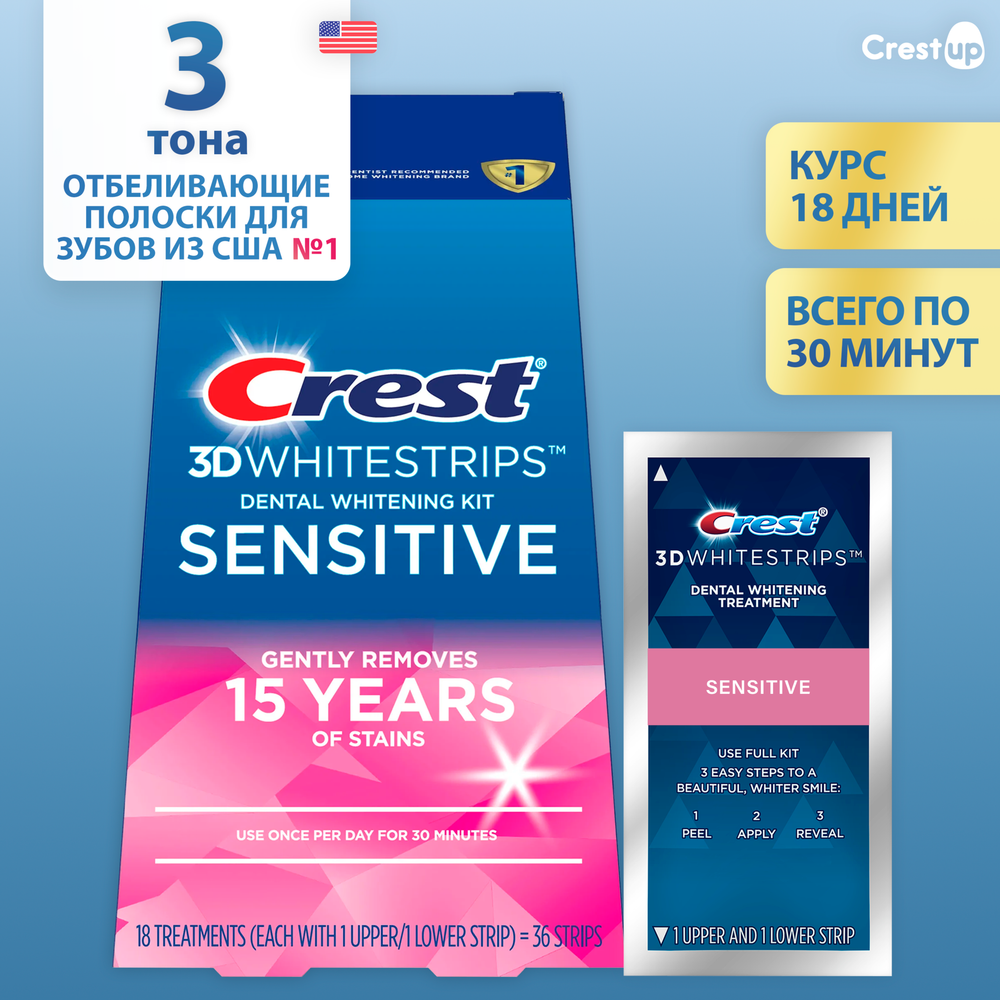 Курс 18 дней | Crest 3D Whitestrips Sensitive – Отбеливающие полоски для зубов