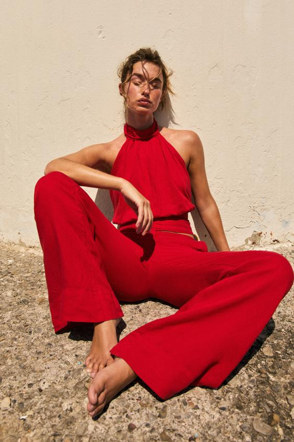 ZARA БРЮКИ ПРЯМОГО КРОЯ ИЗ СМЕСОВОГО ЛЬНА, КРАСНЫЙ