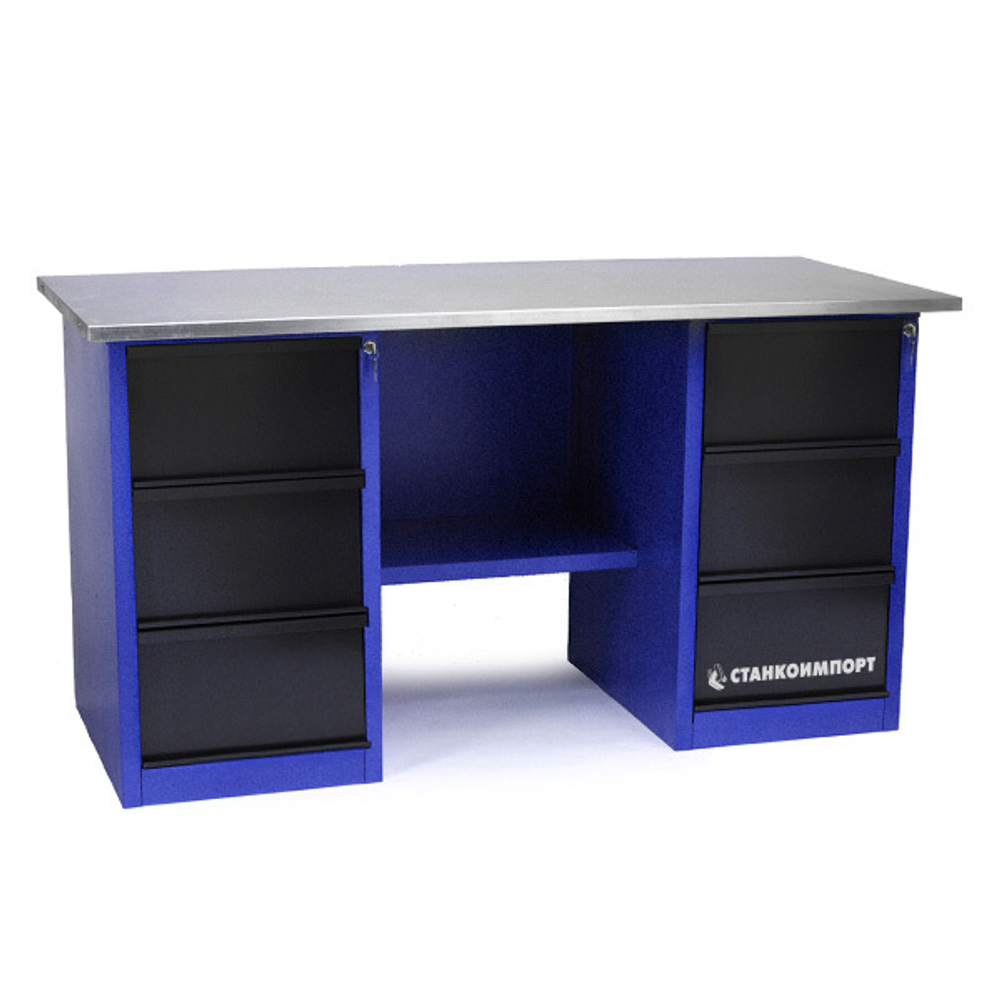 Стол для слесарных работ 1600 мм 2 тумбы с 3-мя ящиками без экрана
