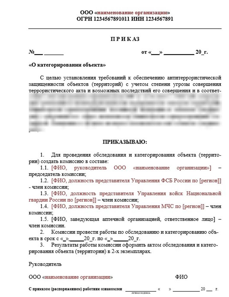 Приказ о категорировании объекта аптечной организации