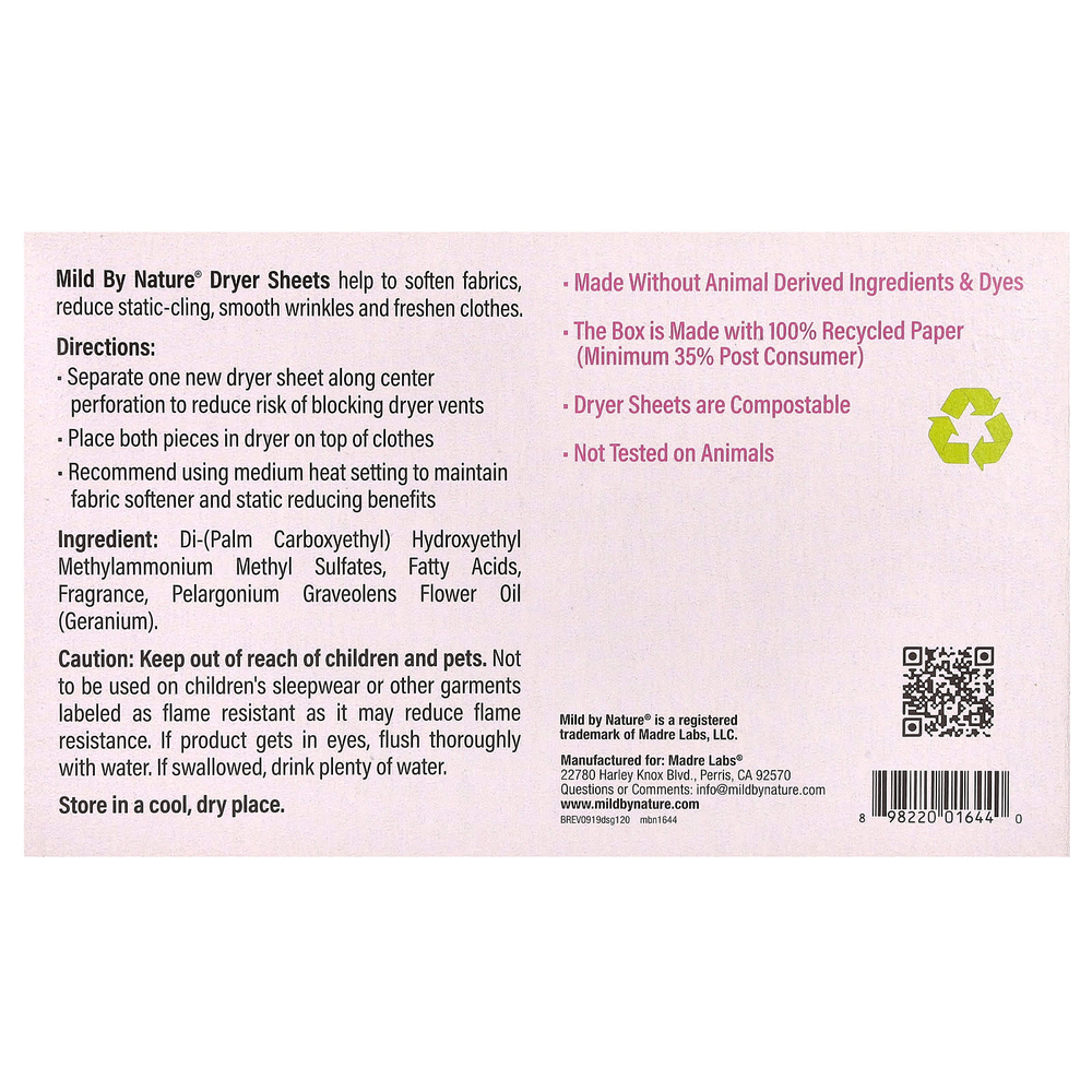 Mild By Nature, антистатические салфетки, с ароматом герани, 120 шт.