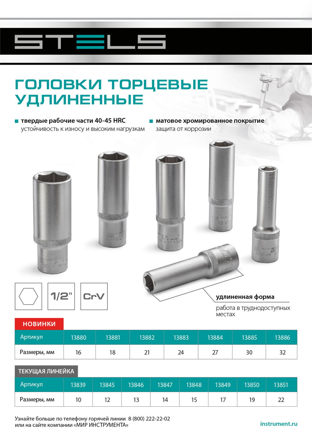 Головка торцевая удлиненная, 16 мм, шестигранная, CrV, под квадрат 1/2 Stels