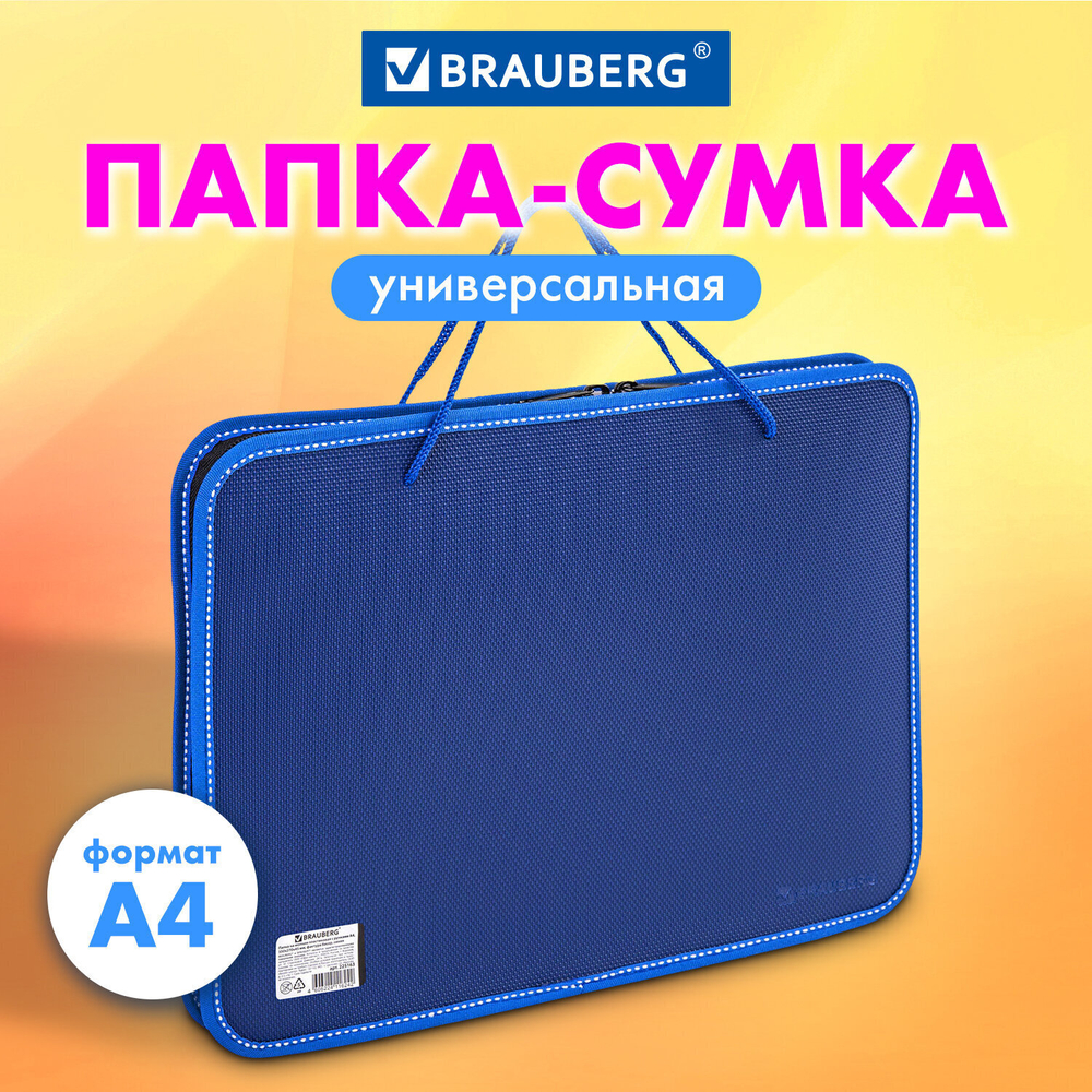 Папка на молнии пластиковая с ручками BRAUBERG А4 350х270х45 мм фактура бисер синий (2 штуки в упаковке)