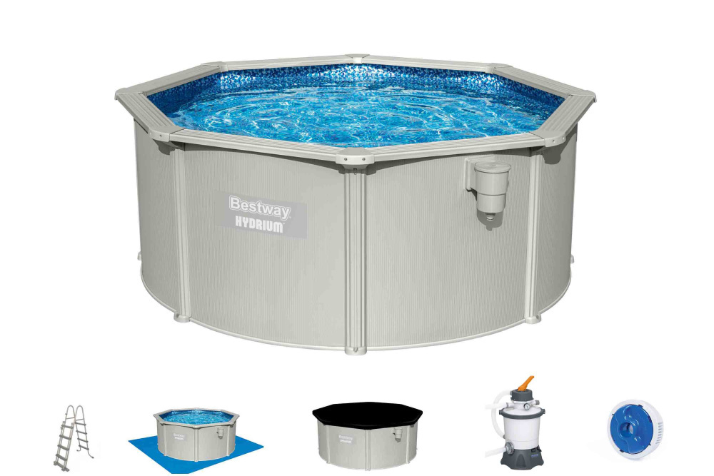 Стальной бассейн Bestway Hydrium Pool Set 300х120 см + песочный ф/насос 3028 л/ч, лестница, тент, подстилка (56566 BW)