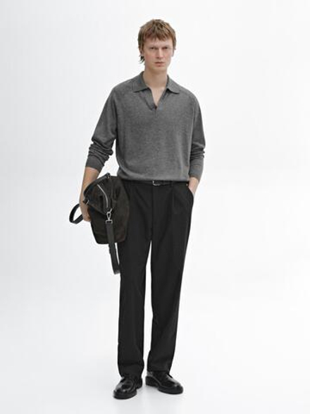 Massimo Dutti Трикотажный свитер из смесовой шерсти с воротником поло, темно-серый