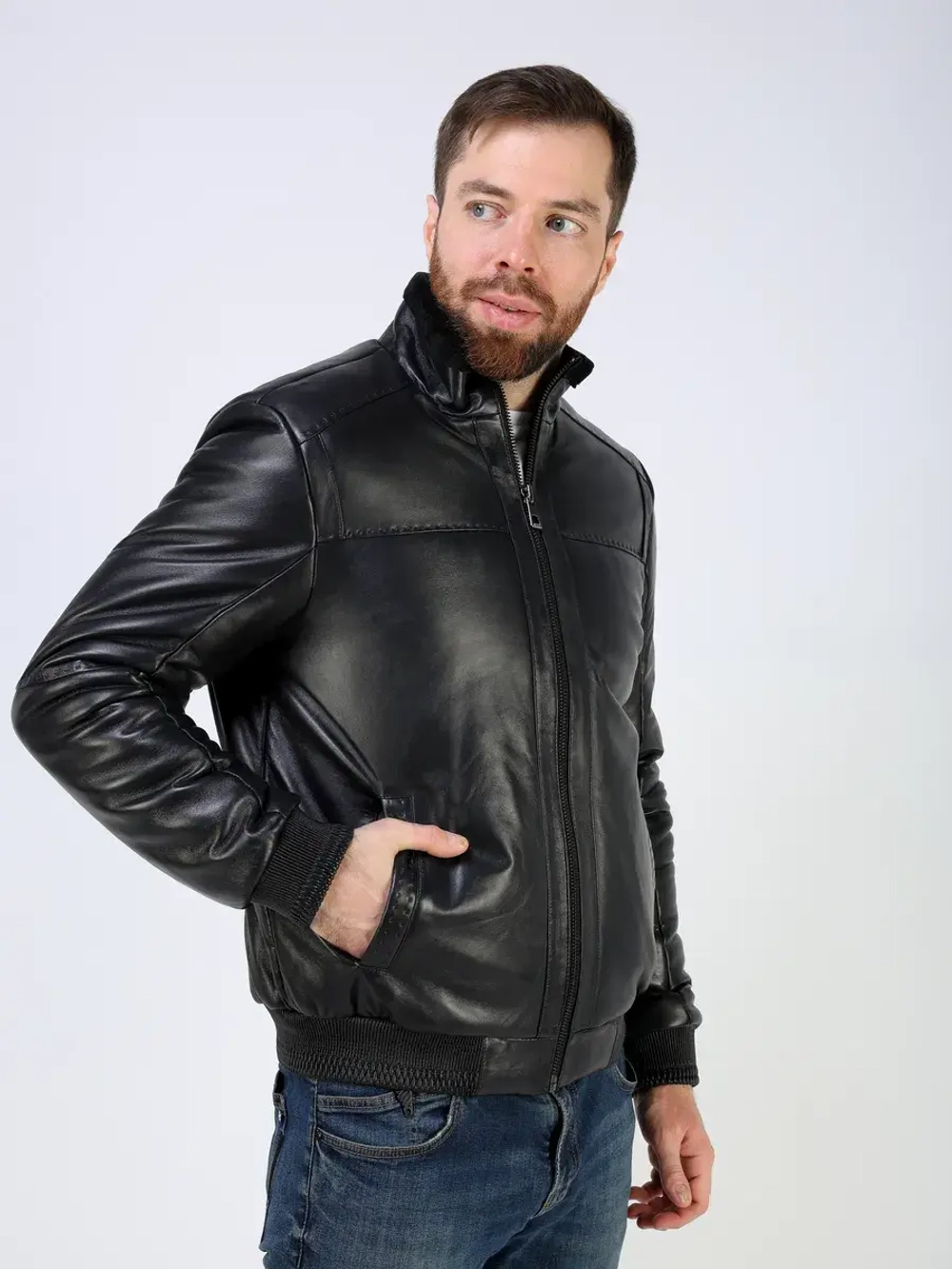 Куртка пуховик из натуральной кожи утепленная короткая