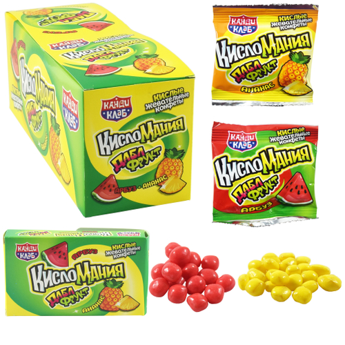 Жевательные конфеты "Кисломания дабл фрукт" арбуз и ананас 14гр*30шт*12 блоков